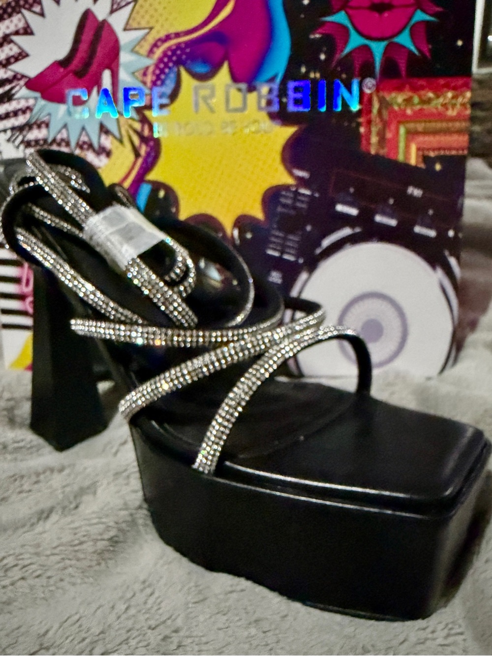 Women’s Square Heel Strappy Rhinestone Platforms Shoes